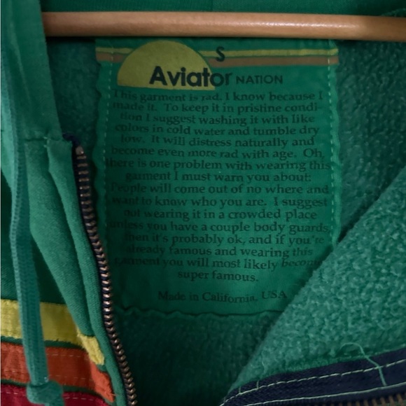 Aviator Nation Green Zip Hoodie with Rainbow Chest Stripes - Picture 2 of 5